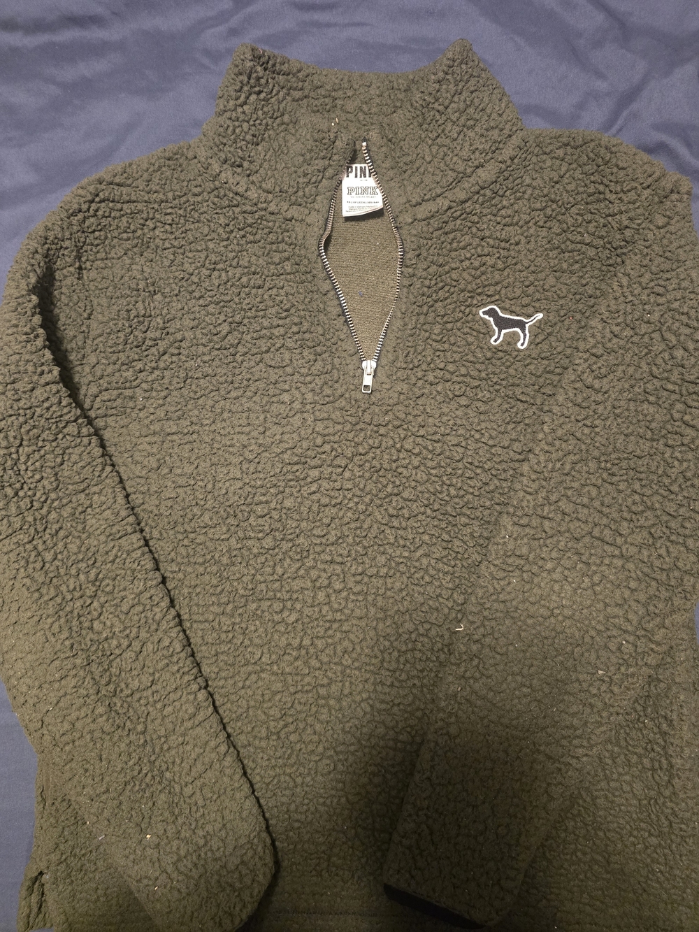 PINK Victoria's Secret Womans Olive Green Sherpa Half-Zip Pullover